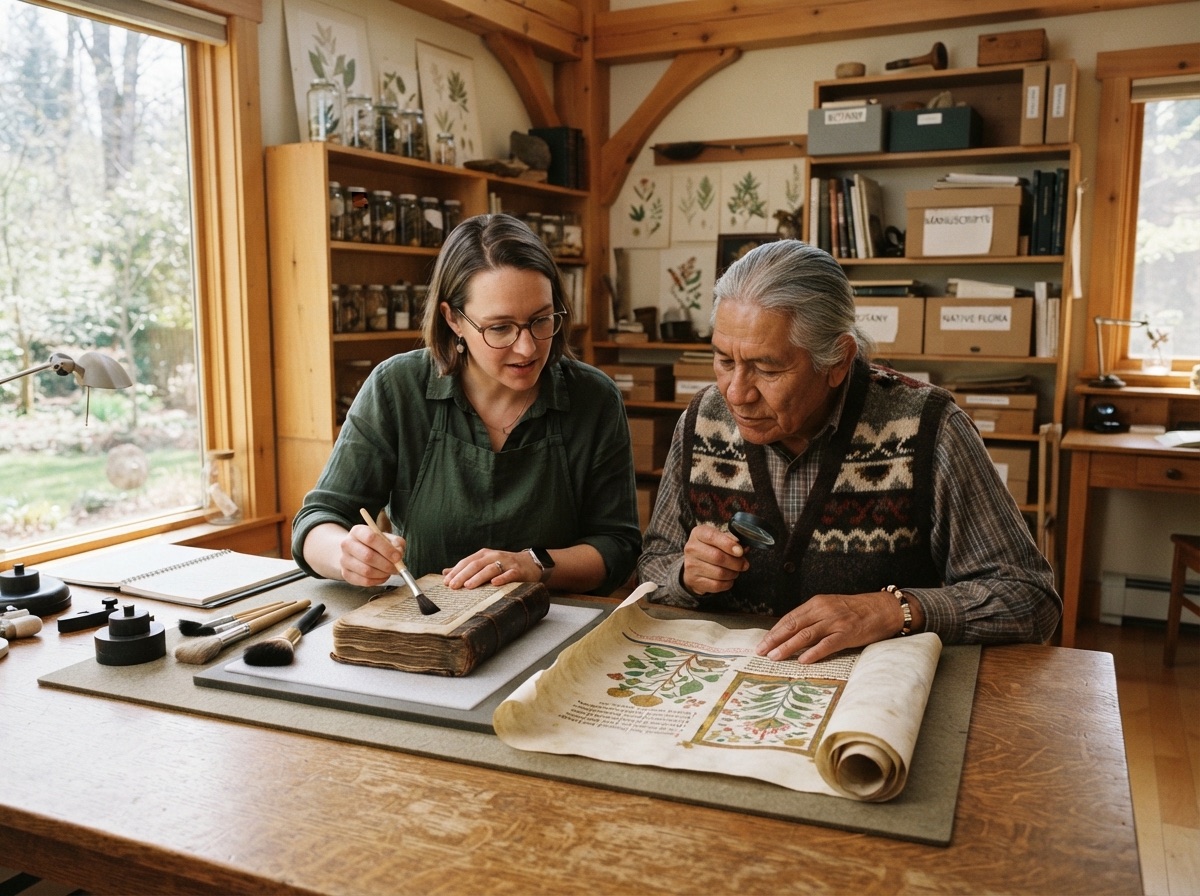 An archival conservator and an elder examining a restored illuminated manuscript together
