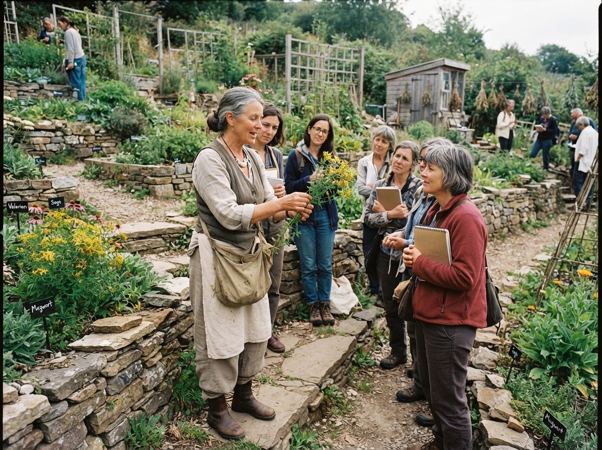 A group of students learning herbalism among terraced stone garden beds