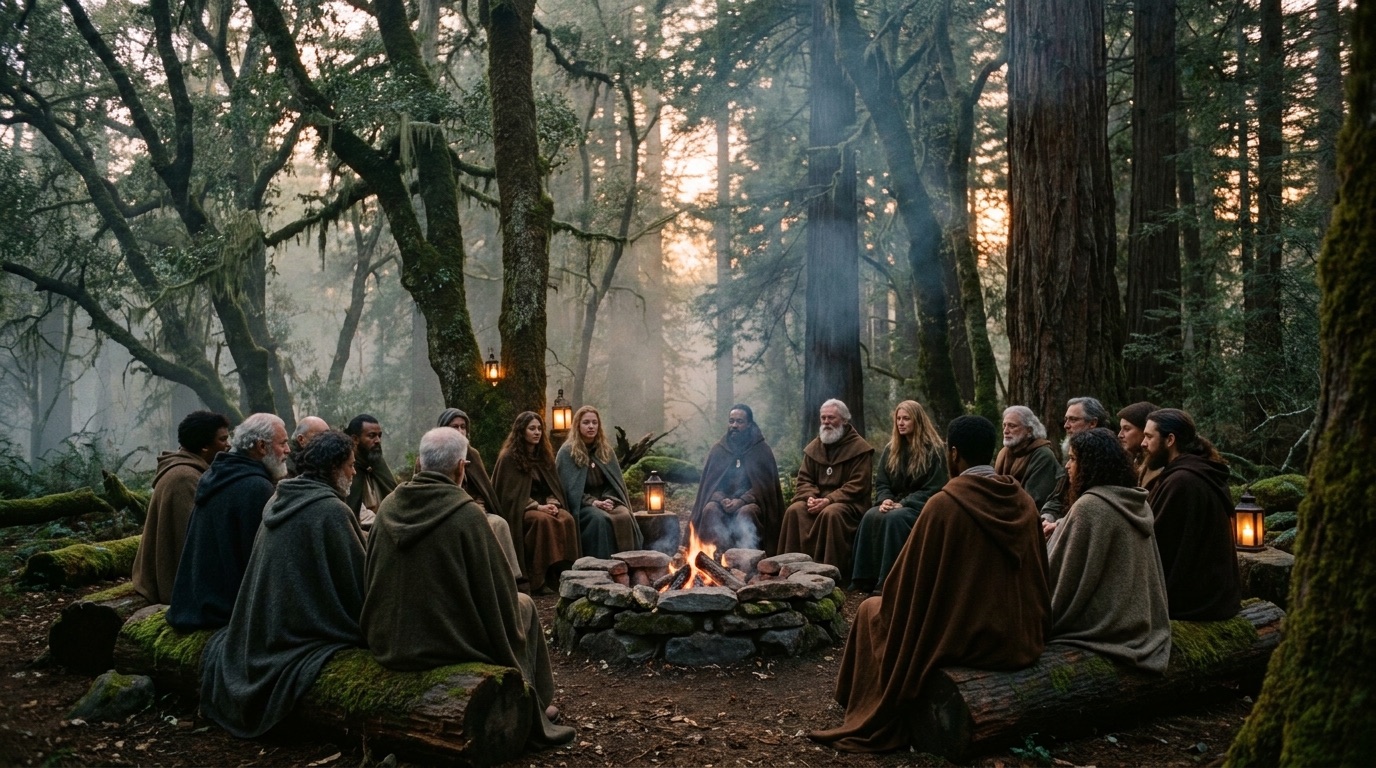 A gathering of elders and practitioners seated around a stone hearth in a misty redwood forest at dawn